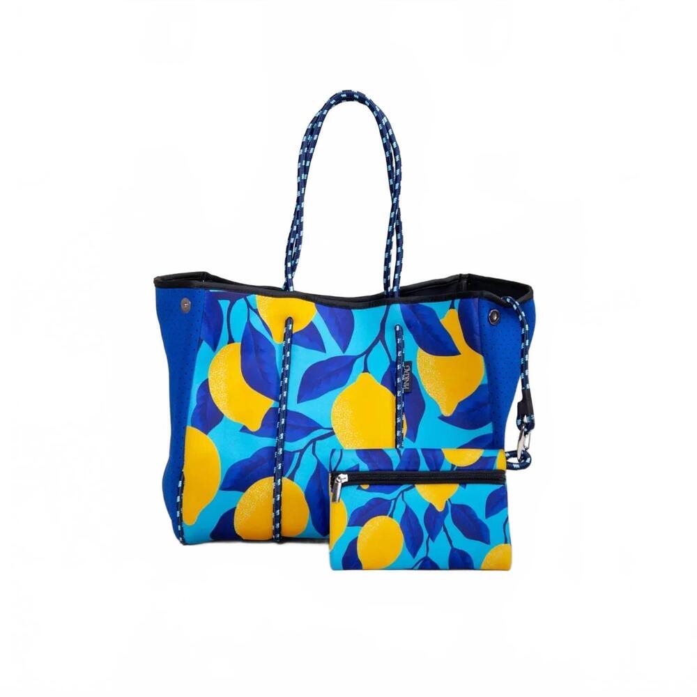 NEW PINK TAG women's lemon print neoprene tote in blue / yellow